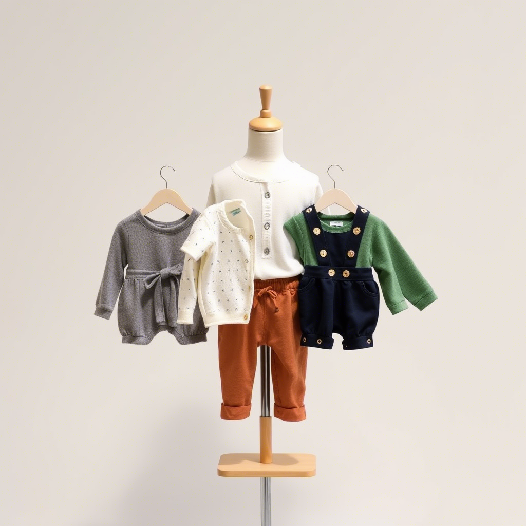 A capsule baby wardrobe with interchangeable outfits on a mannequin
