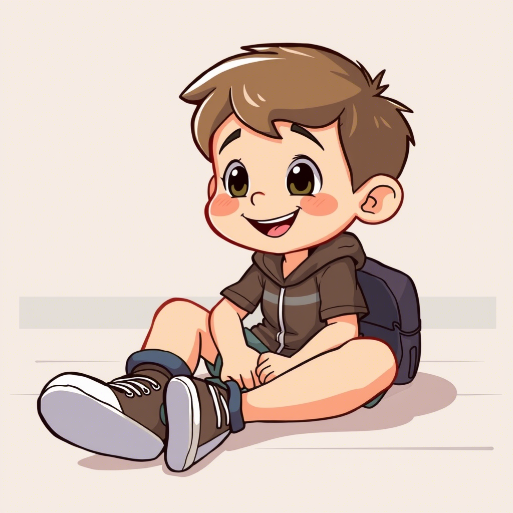 A cartoon kid sitting on the floor with shoelaces and a big smile
