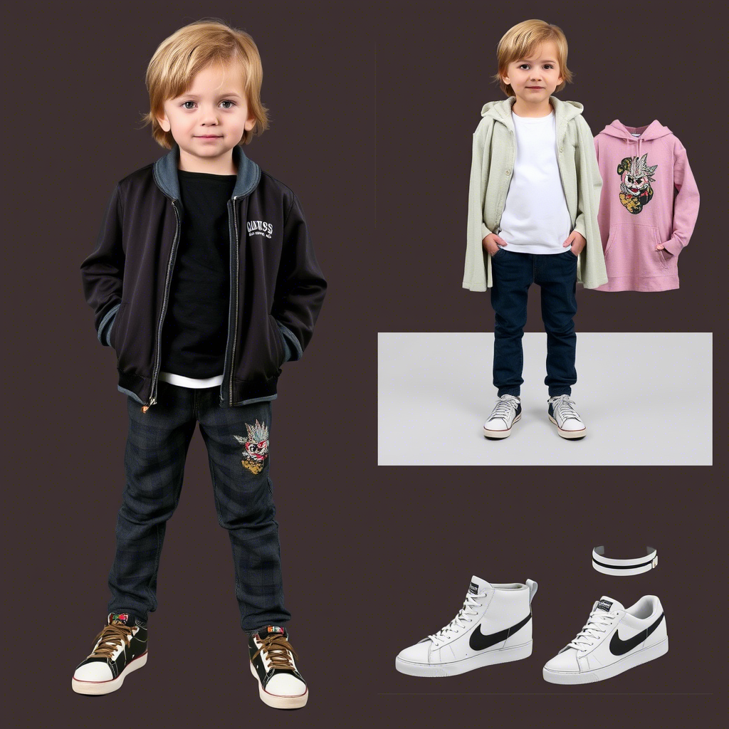 A child modeling different combinations of casual clothes