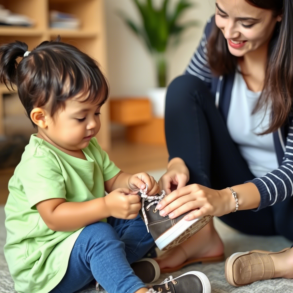 A child practicing tying shoes with a patient parent guiding them