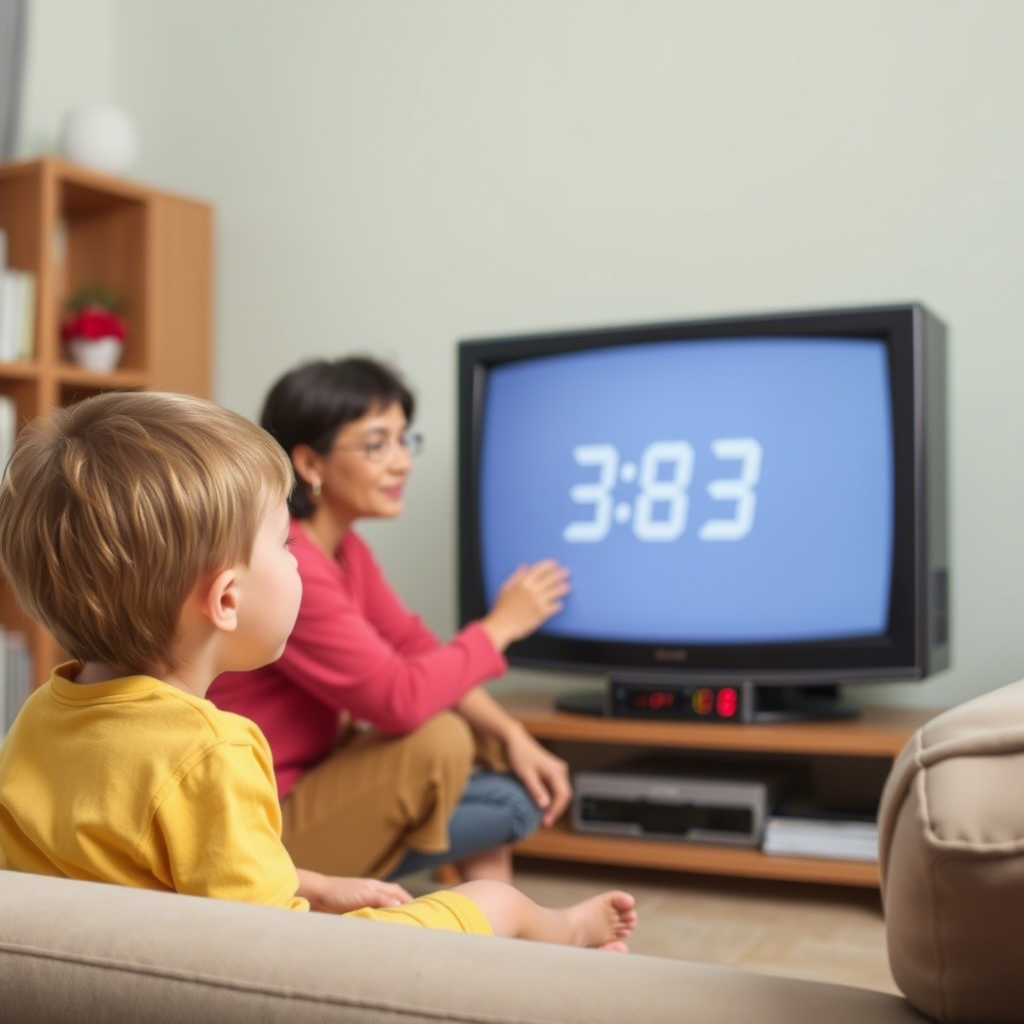 A child sitting in front of a TV with a timer and a parent intervening