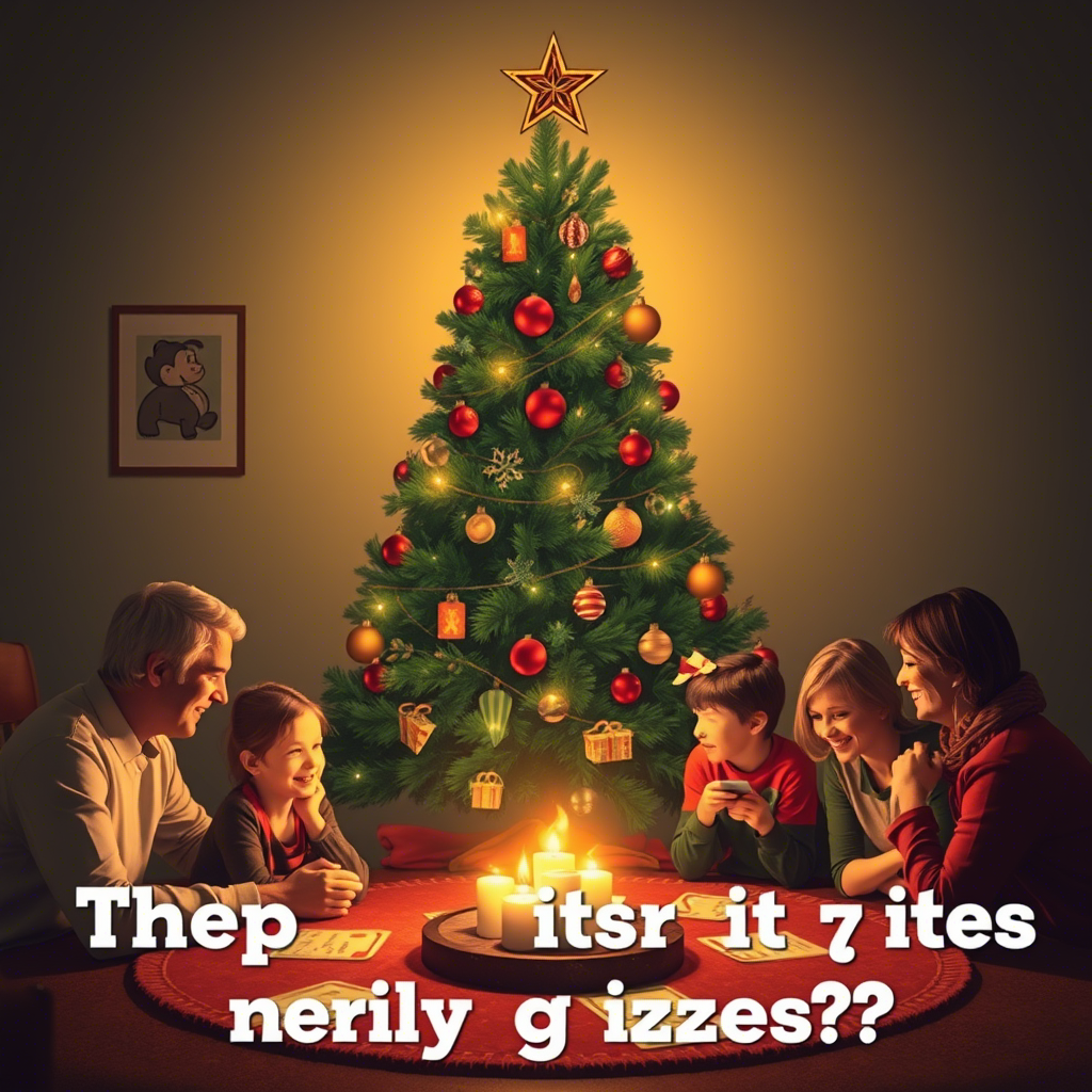 A family gathered around a Christmas tree, surrounded by festive holiday lights and trivia questions