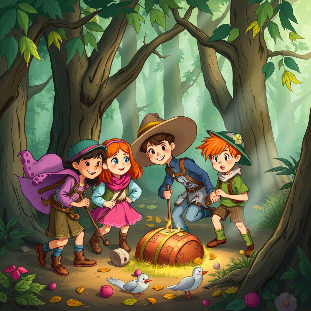 A group of friends having a treasure hunt in a magical forest