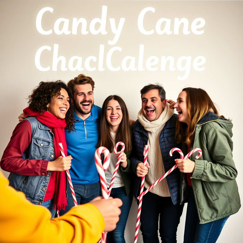A group of friends laughing and competing with candy cane challenge