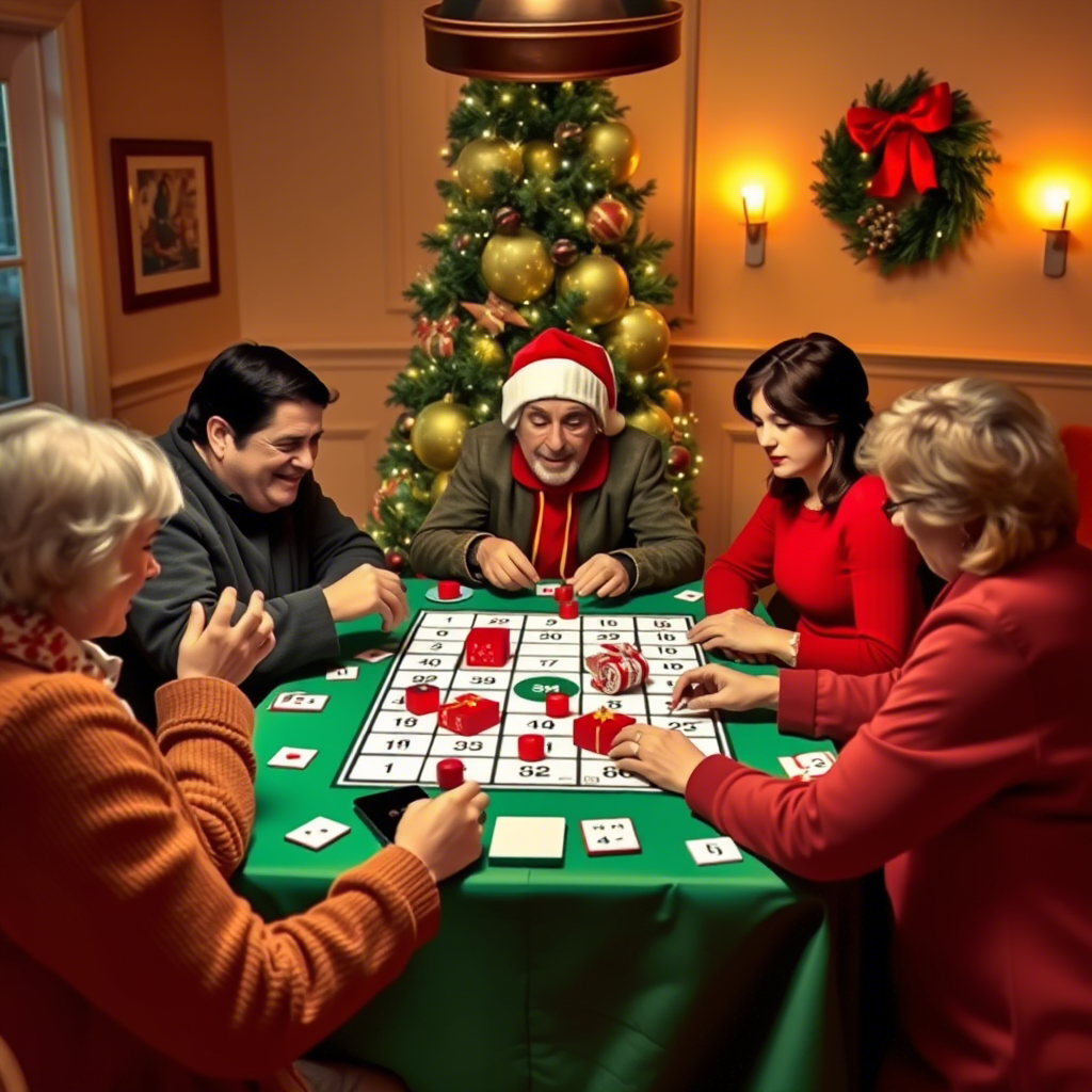 A group of people gathered around a table playing Christmas Bingo