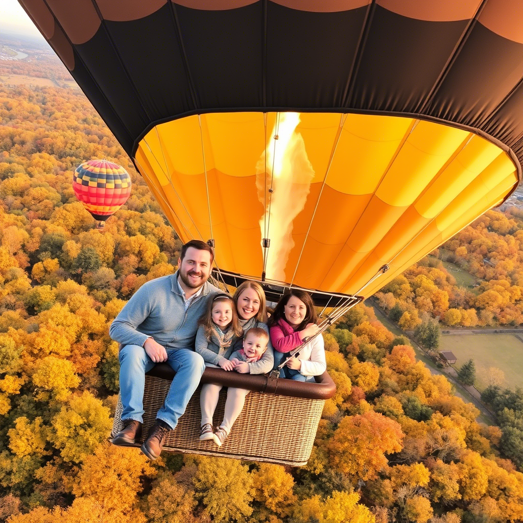A happy family enjoying a hot-air balloon ride over fall foliage