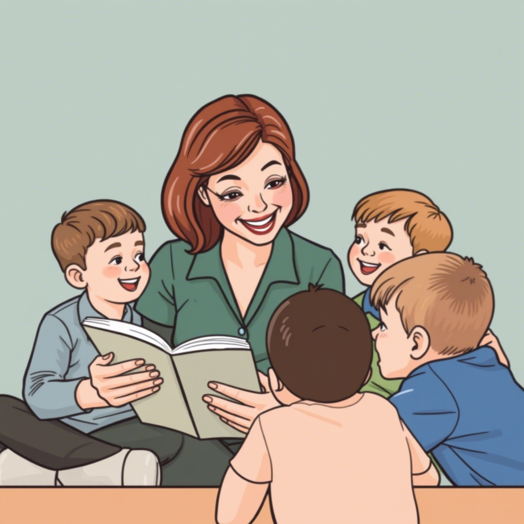 A teacher reading to a group of happy, attentive kids
