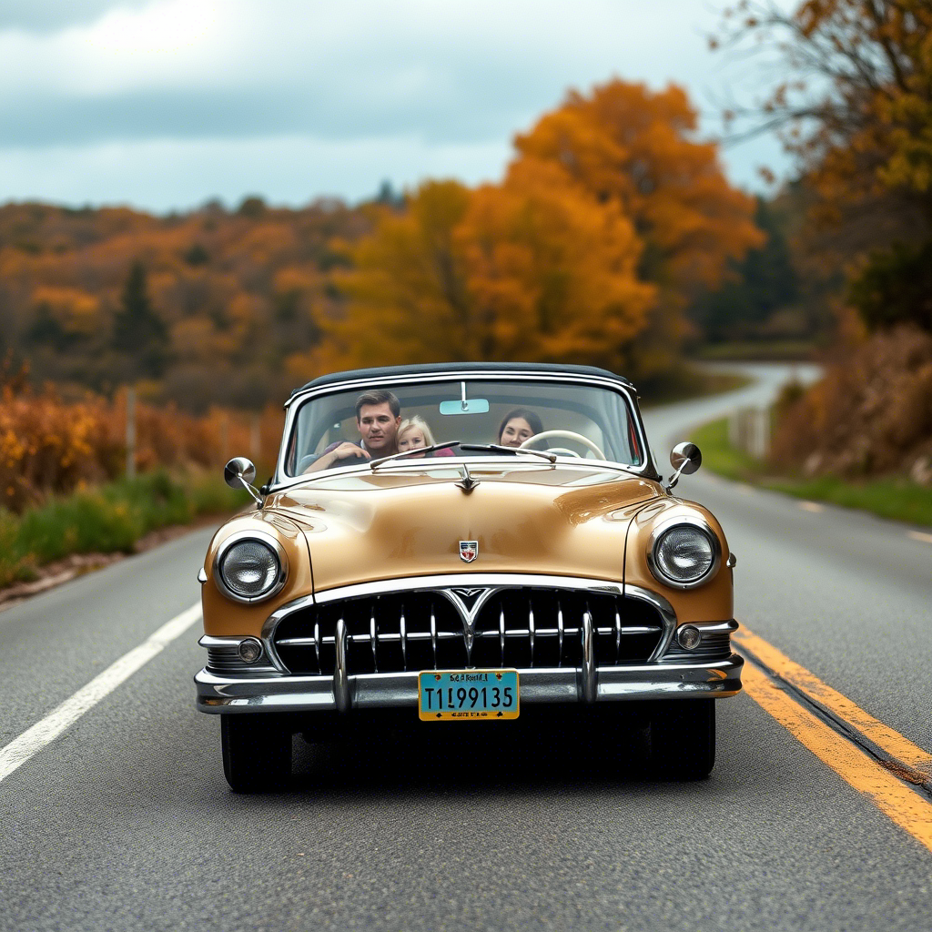 A vintage car driving down a scenic autumn road with family on board
