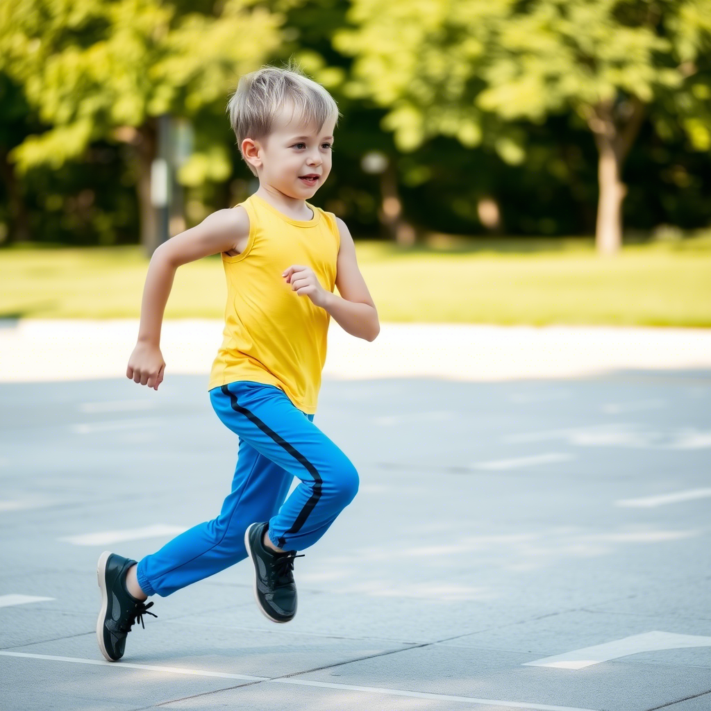Active boy in vibrant blue athletic pants exercising outdoors