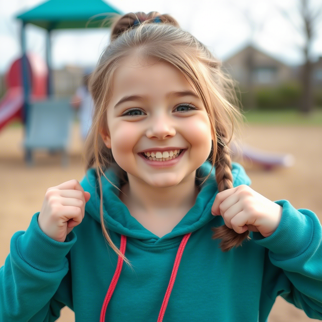 Active girl in easy care hoodie having fun at playground