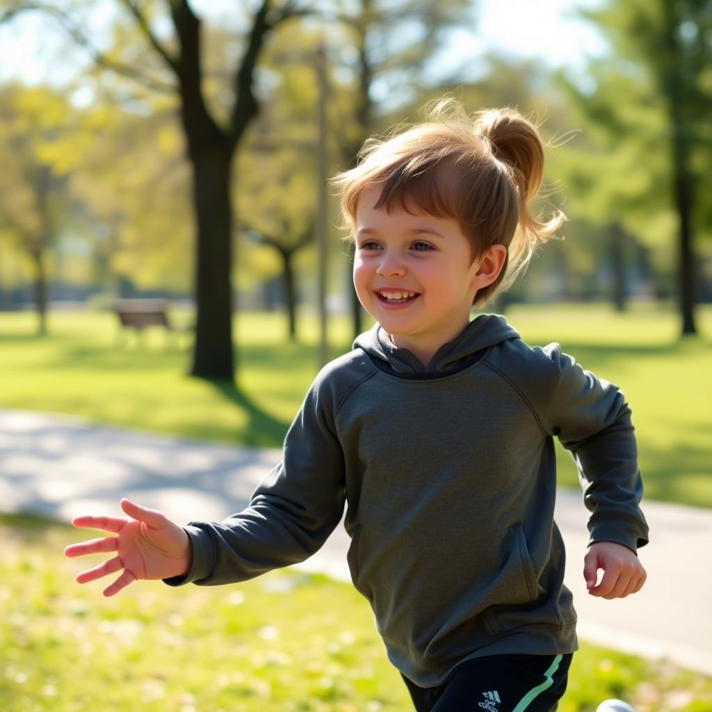 Active kid in soft, breathable clothing running in a sunny park