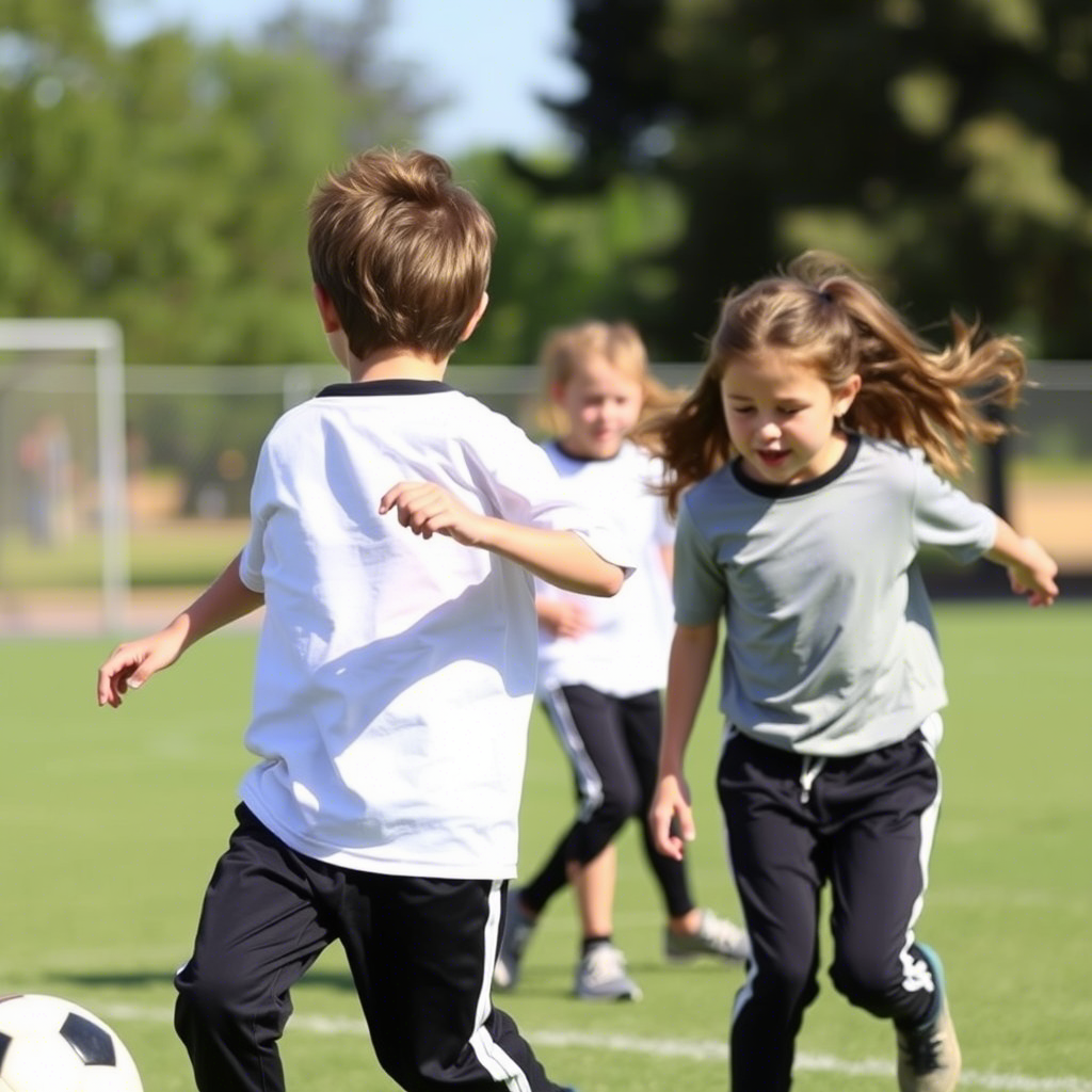 Active kid in trendy separates, playing soccer outside