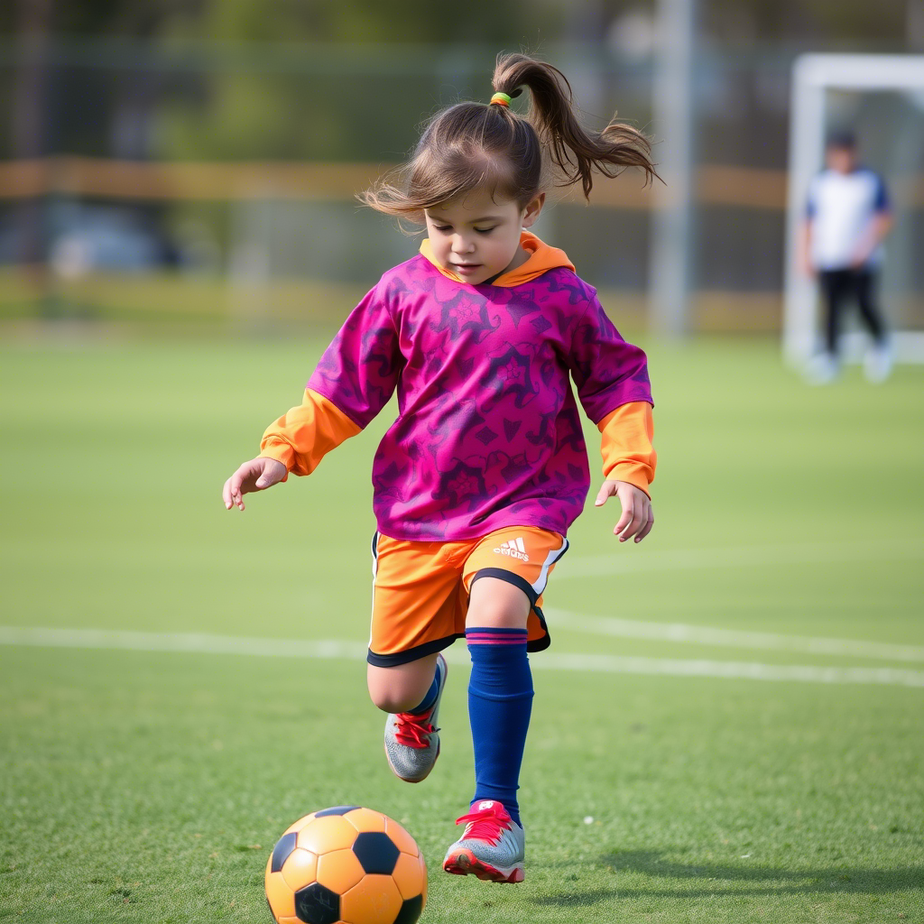 Active kid wearing a vibrant sports outfit playing soccer