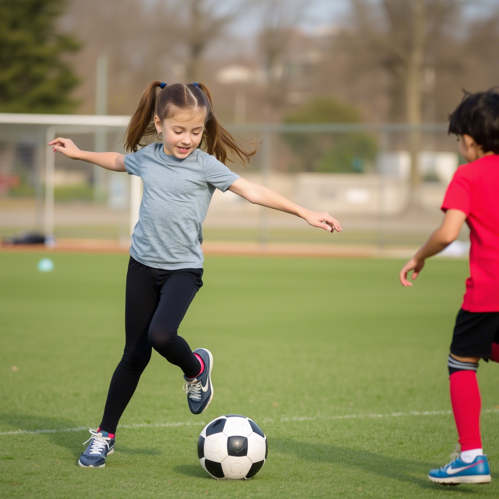 Active kid wearing black yoga pants playing soccer outdoors