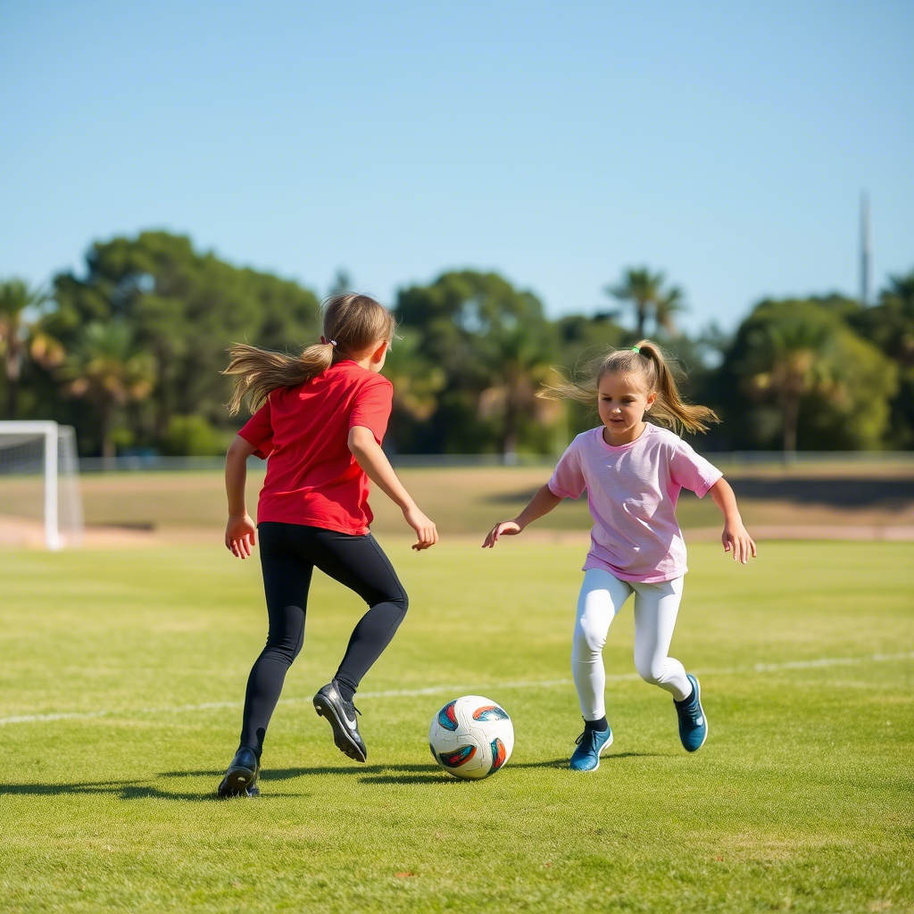 Active kids in stretchy pants playing soccer on a green field