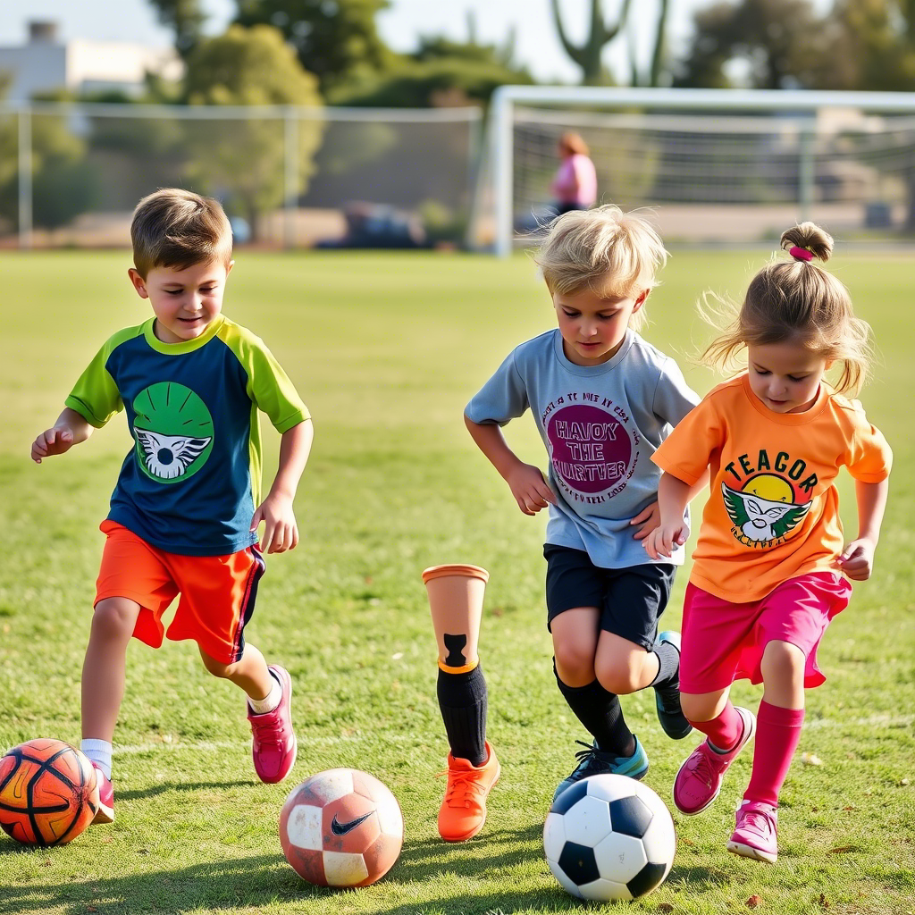 Active kids playing soccer in vibrant shorts and graphic tees