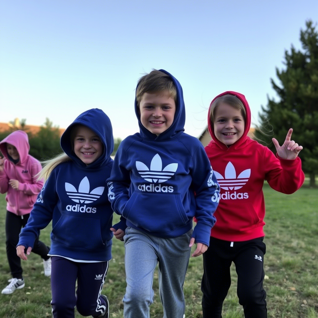 Active kids wearing hoodies and sweatpants having fun outdoors