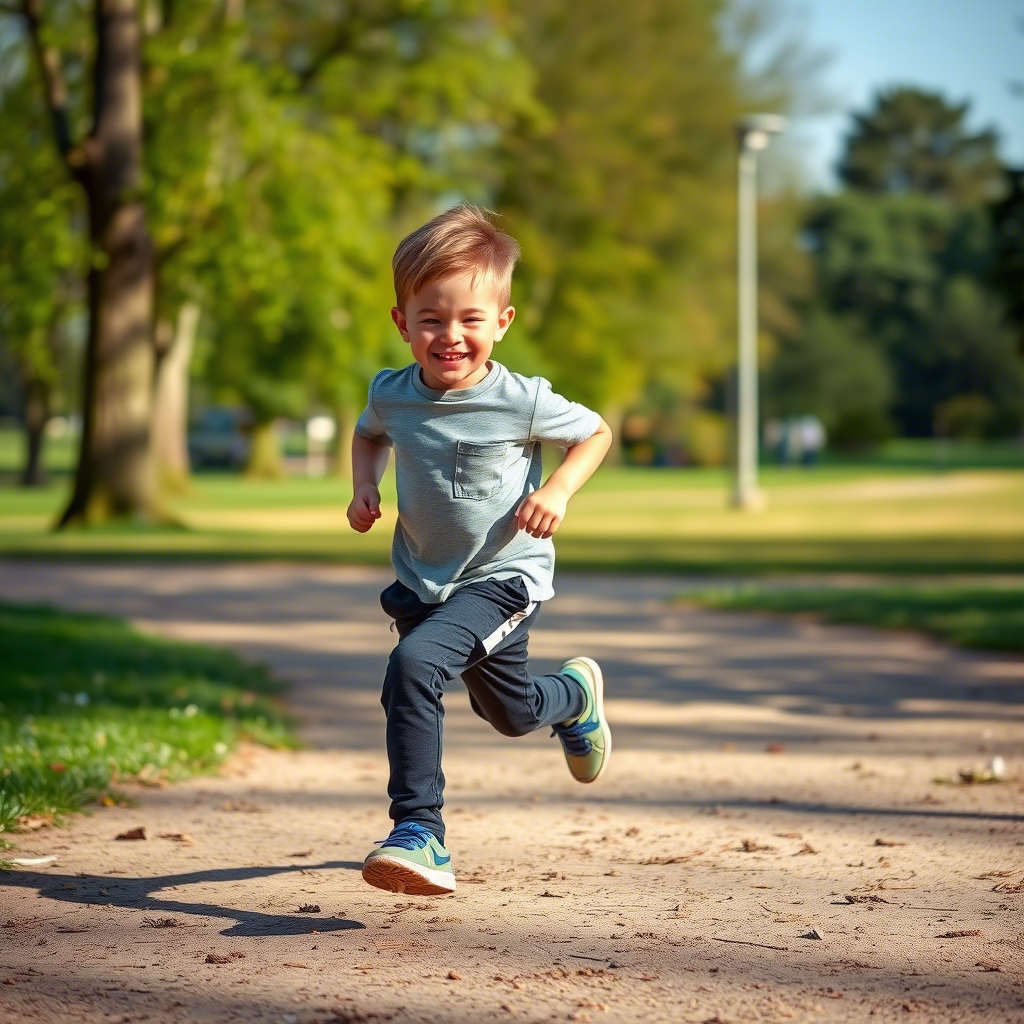 Active little boy wearing comfy pants and running in park