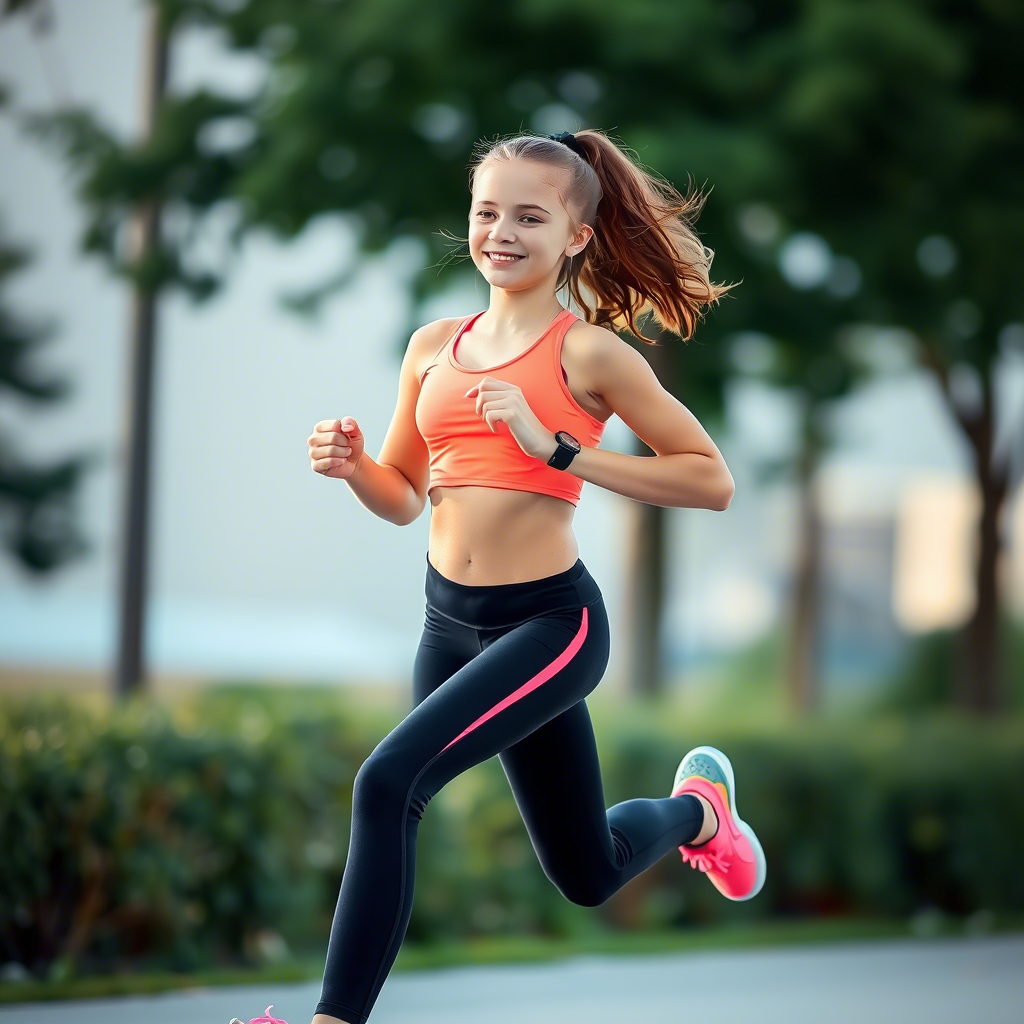 Active teenage girl wearing stylish leggings and crop top running