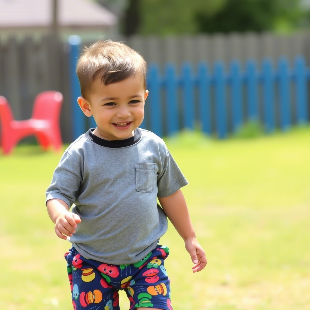 Active toddler boy in colorful shorts playing outside