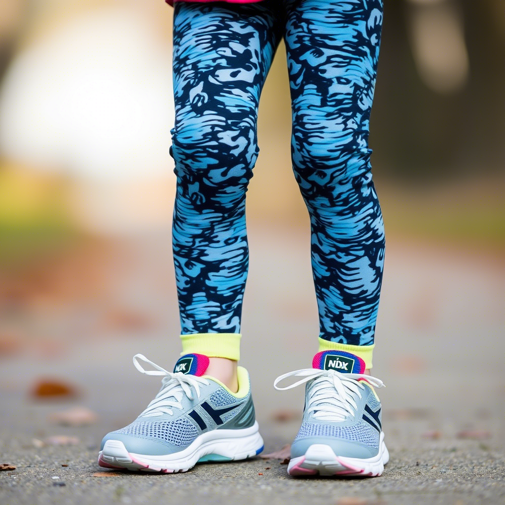 Active toddler wearing patterned tights and running shoes