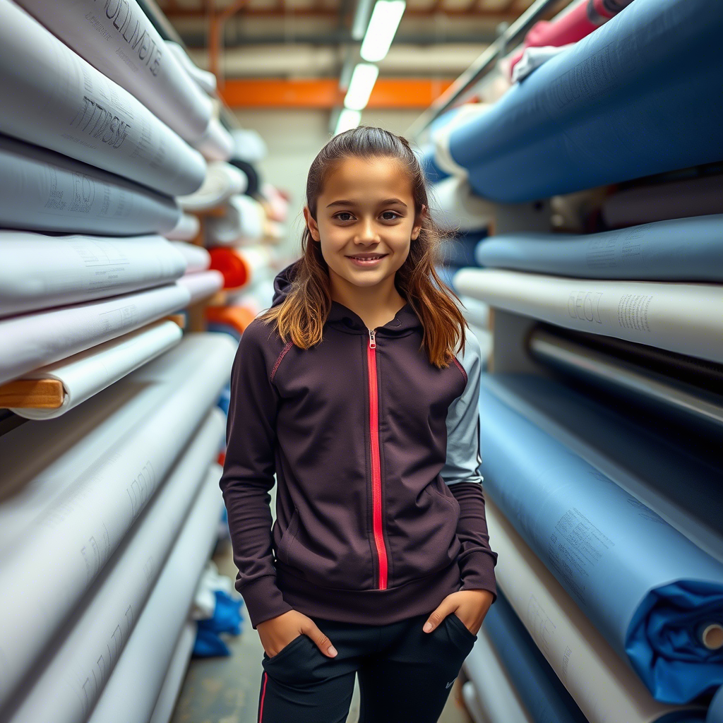 Activewear-clad teenager surrounded by rolls of fabric in a textile mill