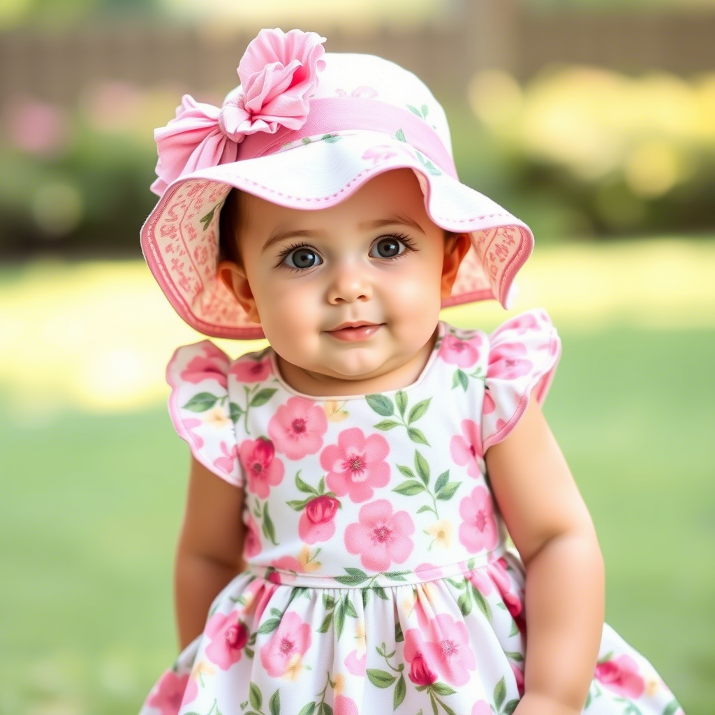 Adorable baby girl in floral dress and matching hat