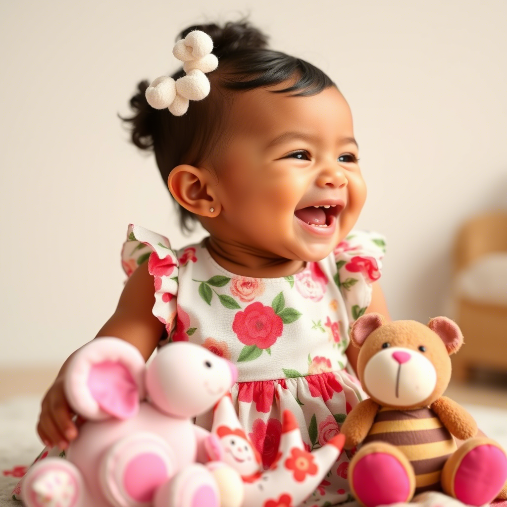 Adorable baby girl in floral dress laughing with toys