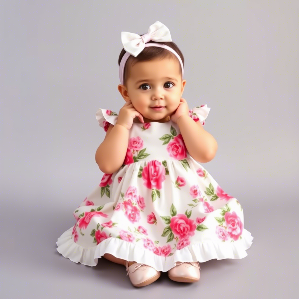 Adorable baby girl in floral dress with matching hair bow and shoes