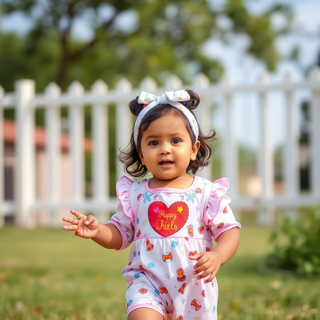 Adorable baby girl in Lezonkids outfit playing outside