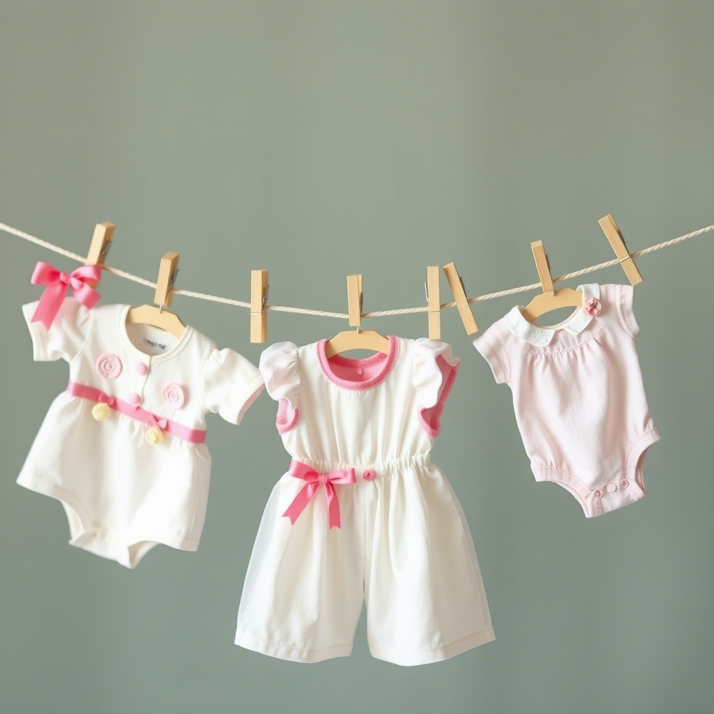 Adorable baby girl outfits hanging on a mini clothesline with clothespins