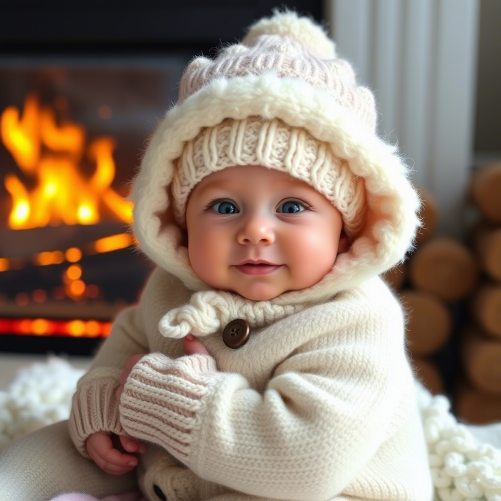 Adorable baby in Lezonkidss winter outfit snuggled up by the fireplace