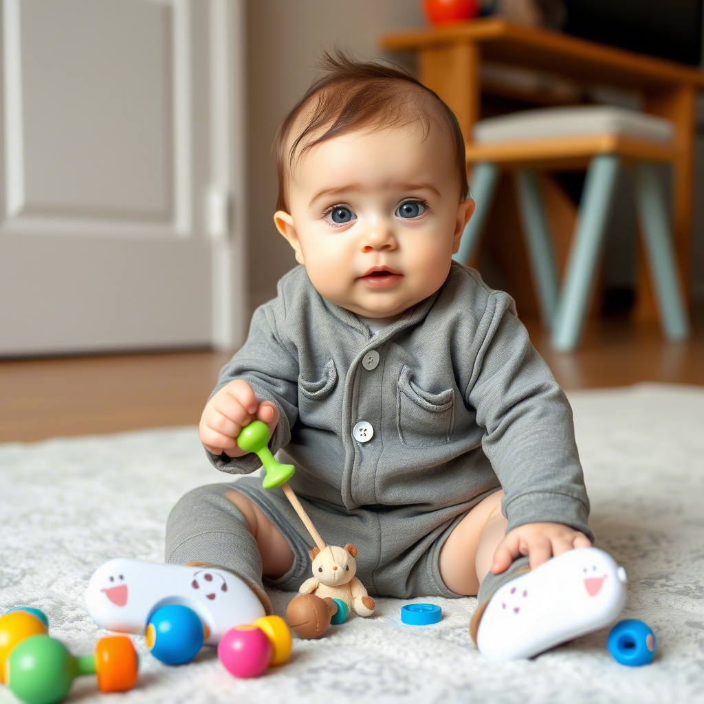 Adorable baby in stylish yet budget-friendly onesie playing with toys