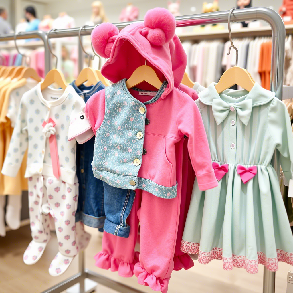 Adorable baby outfits displayed on a clothing rack in a store