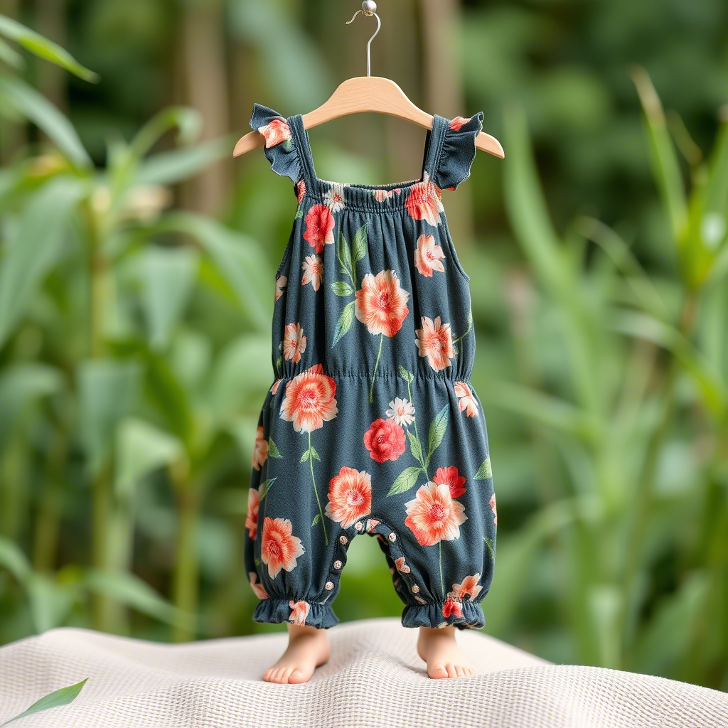 Adorable baby romper crafted from natural bamboo fibers with floral patterns