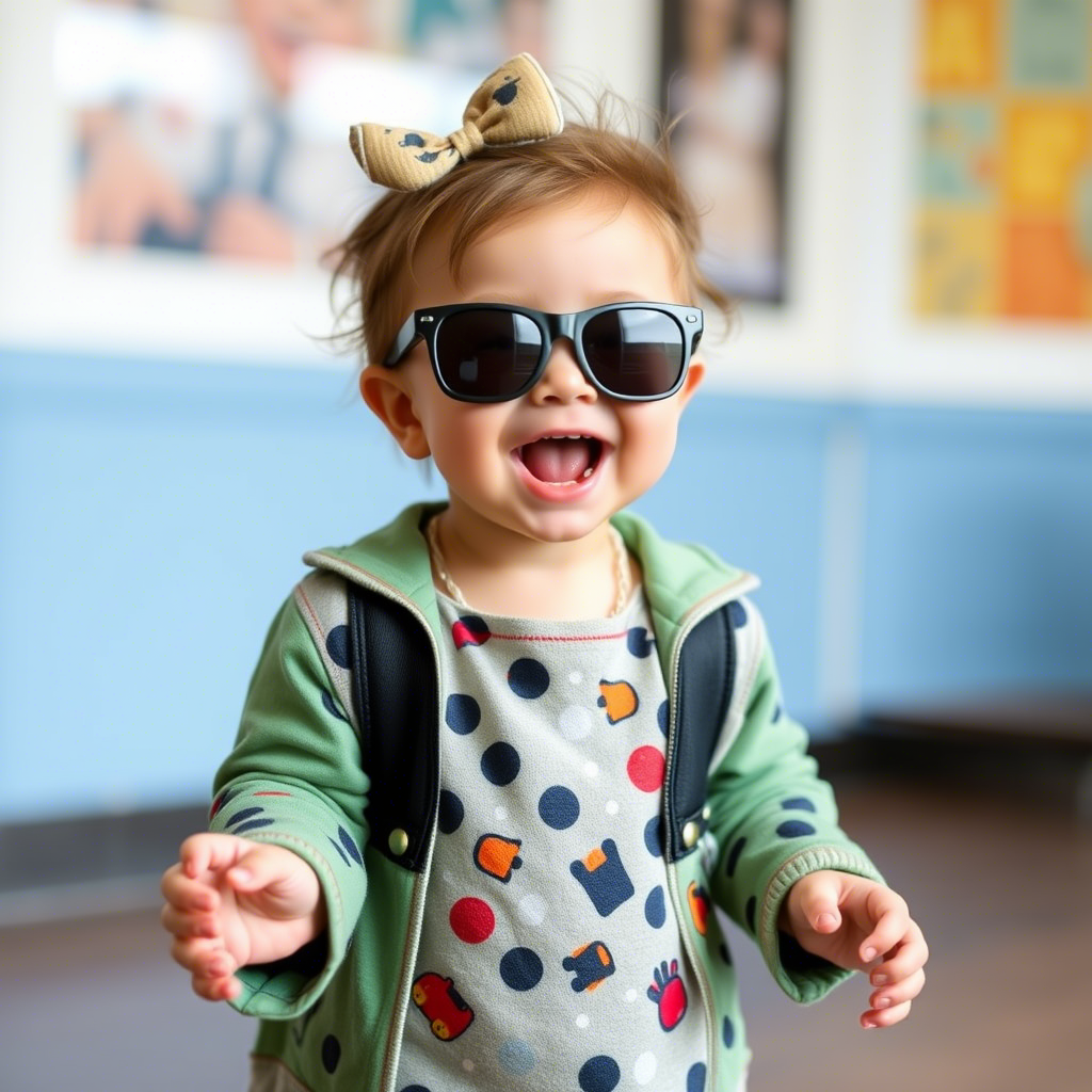 Adorable child dressed in trendy toddler outfit having fun