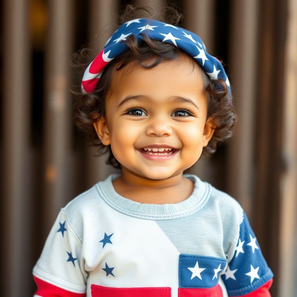 Adorable child wearing high-quality American clothing, smiling