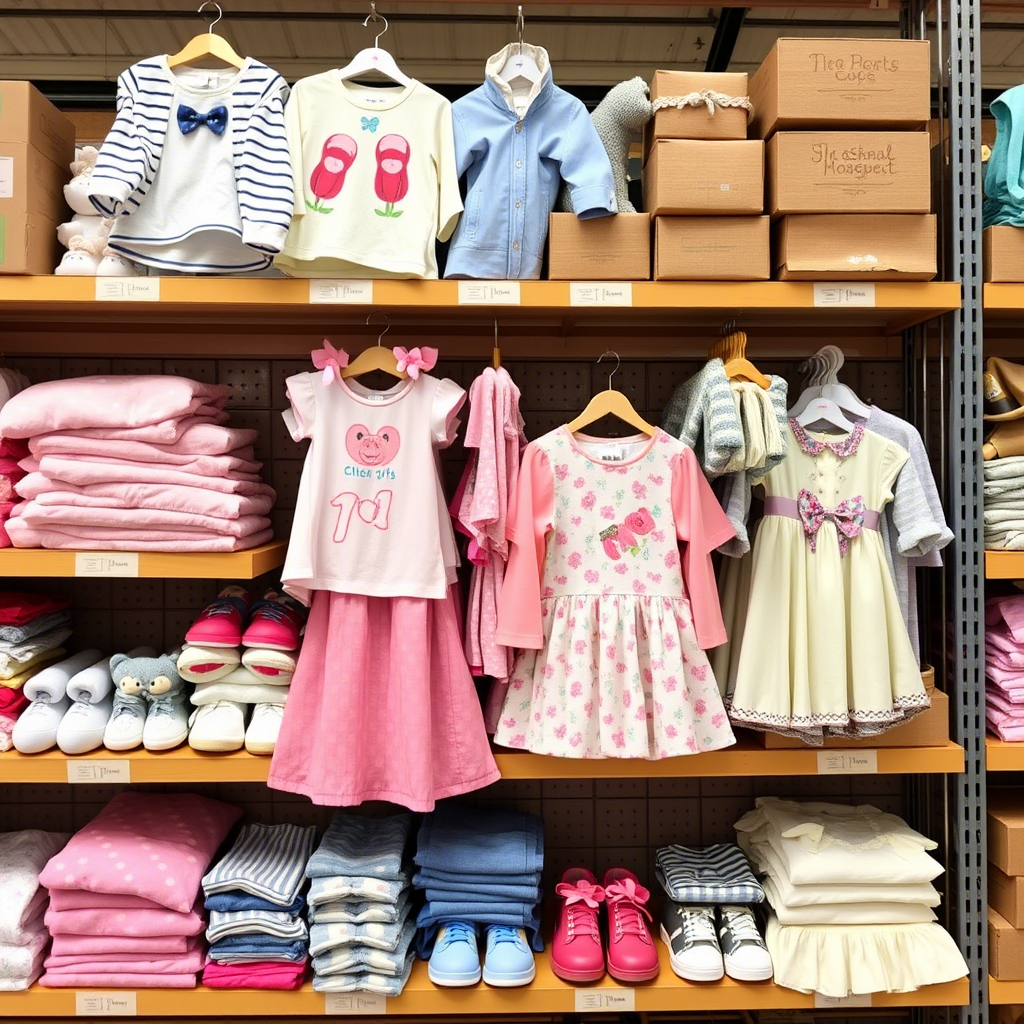 Adorable children’s apparel arranged on a distributor’s warehouse shelves