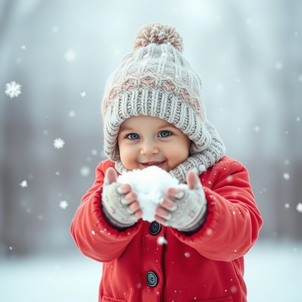 Adorable infant in cozy winter clothing having a snowball fight