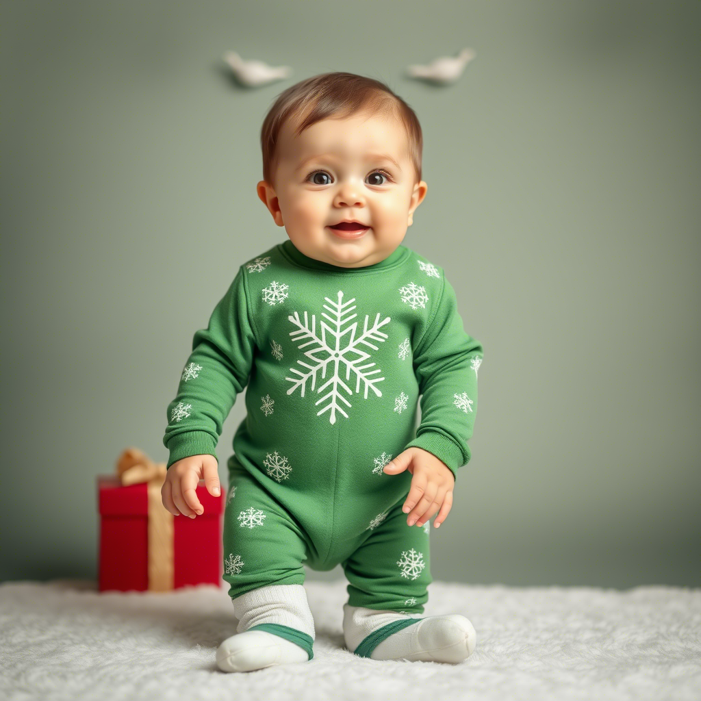 Adorable infant in festive green onesie with snowflake pattern