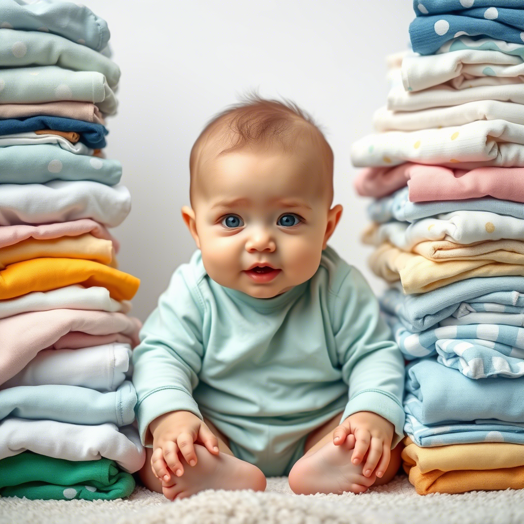 Adorable infant surrounded by stacks of baby clothes online