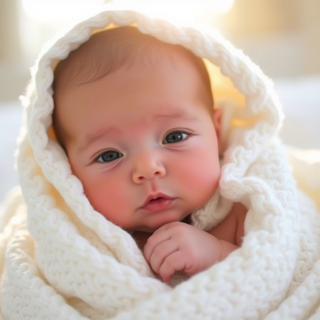 Adorable infant wrapped in a white blanket with gentle morning light