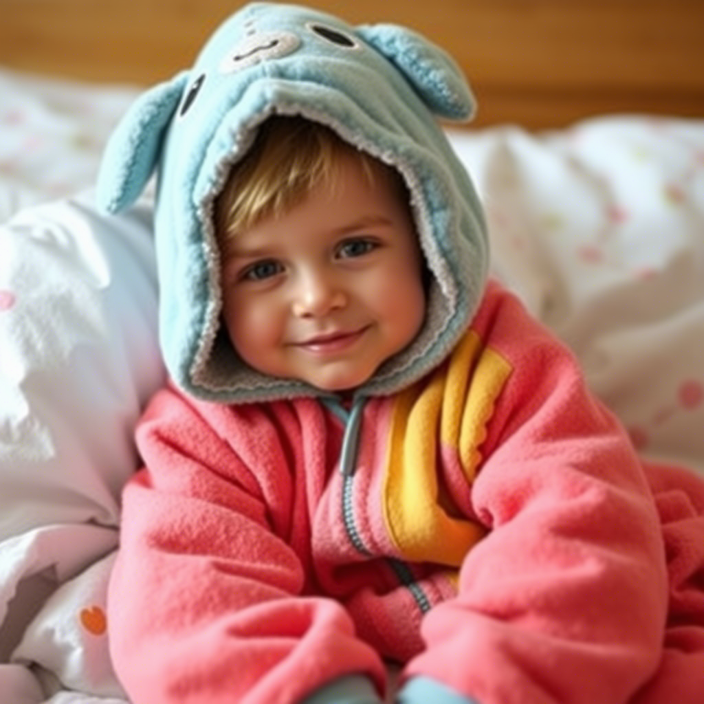 Adorable kid snuggled up in soft, colorful onesie pajamas