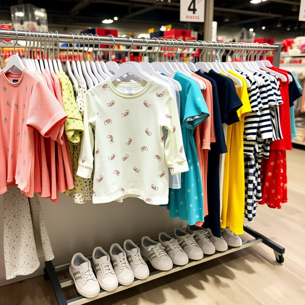 Adorable kids’ clothing displayed on a wholesale rack