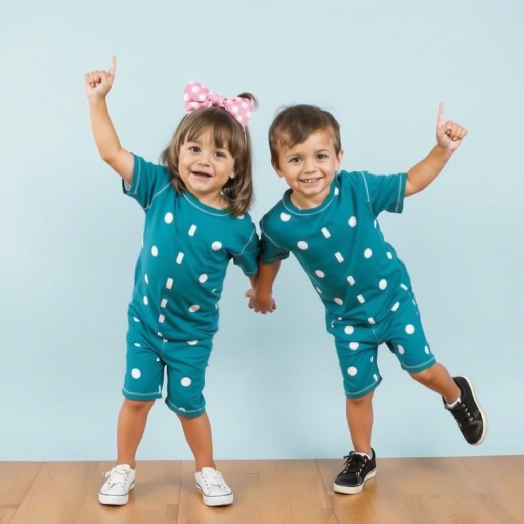 Adorable kids in matching sibling outfits having fun together