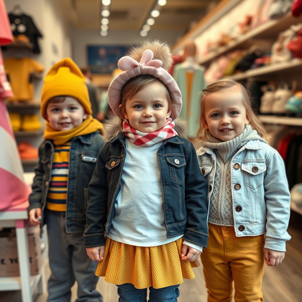 Adorable kids modeling trendy outfits with fun store props around