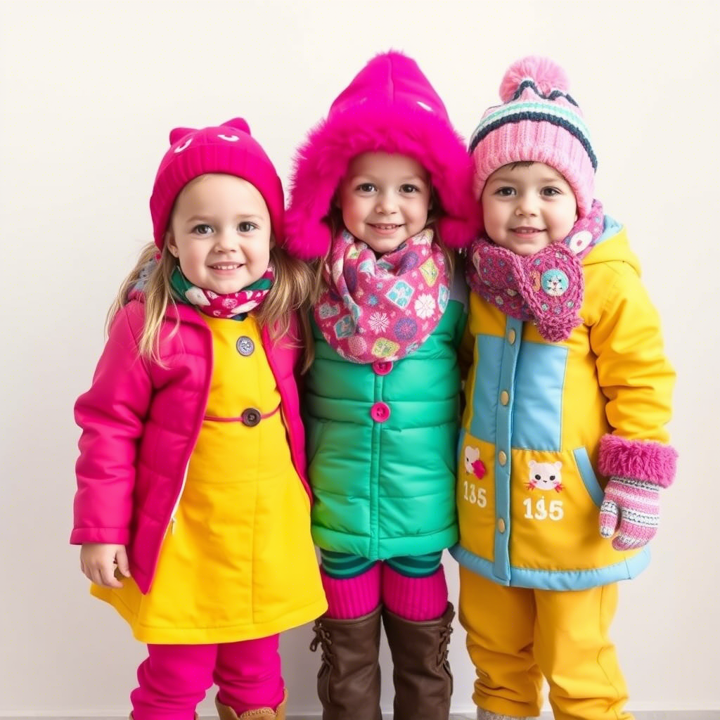 Adorable kids wearing vibrant winter clothing sets