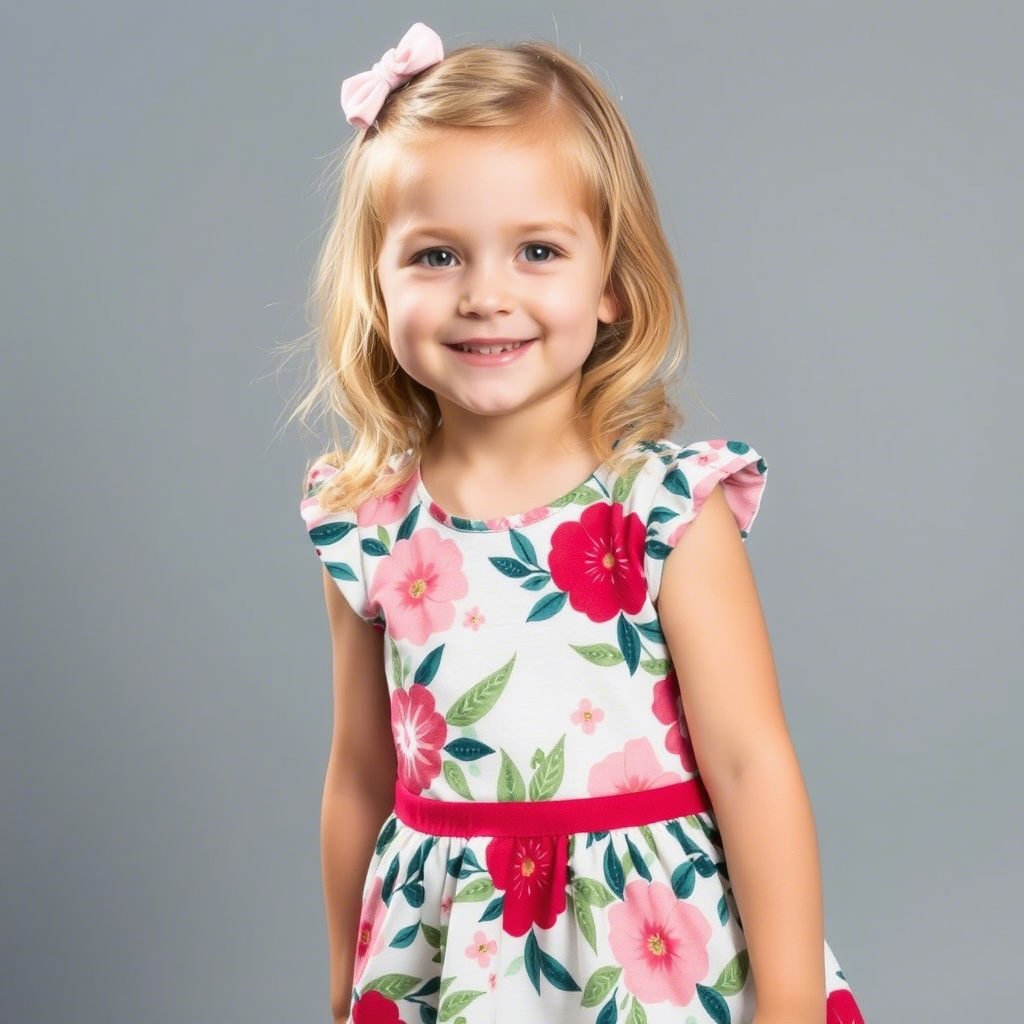 Adorable little girl wearing a floral dress and smiling