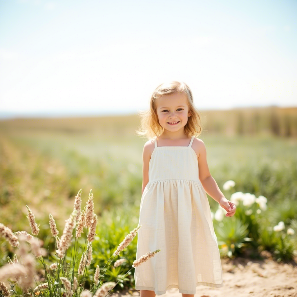 Adorable little girl wearing comfortable linen dress and smiling
