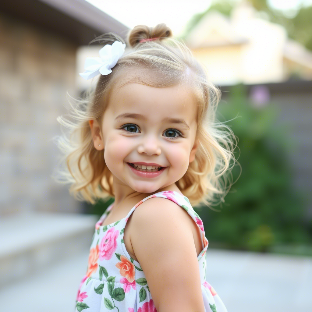 Adorable little girl wearing floral dress and smiling at camera